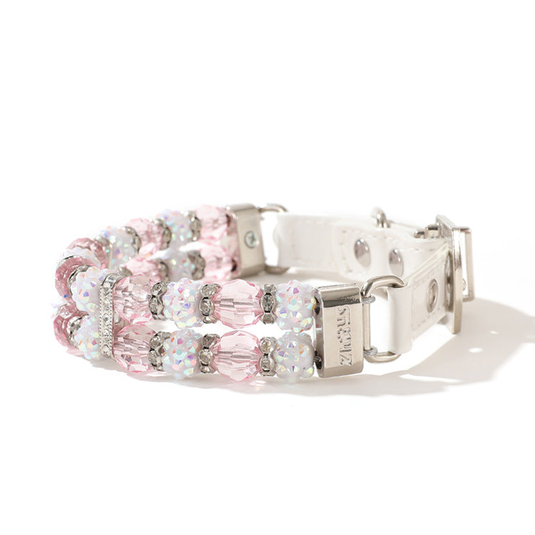 Pink crystal beaded pet collar with silver buckle and clasp, sparkly rhinestone pattern