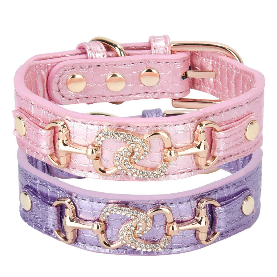 Boutique Crystal Heart Dog Collar – Pink & Purple Croc Texture