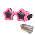 Hot pink star-shaped pet sunglasses with black strap and tinted star lenses