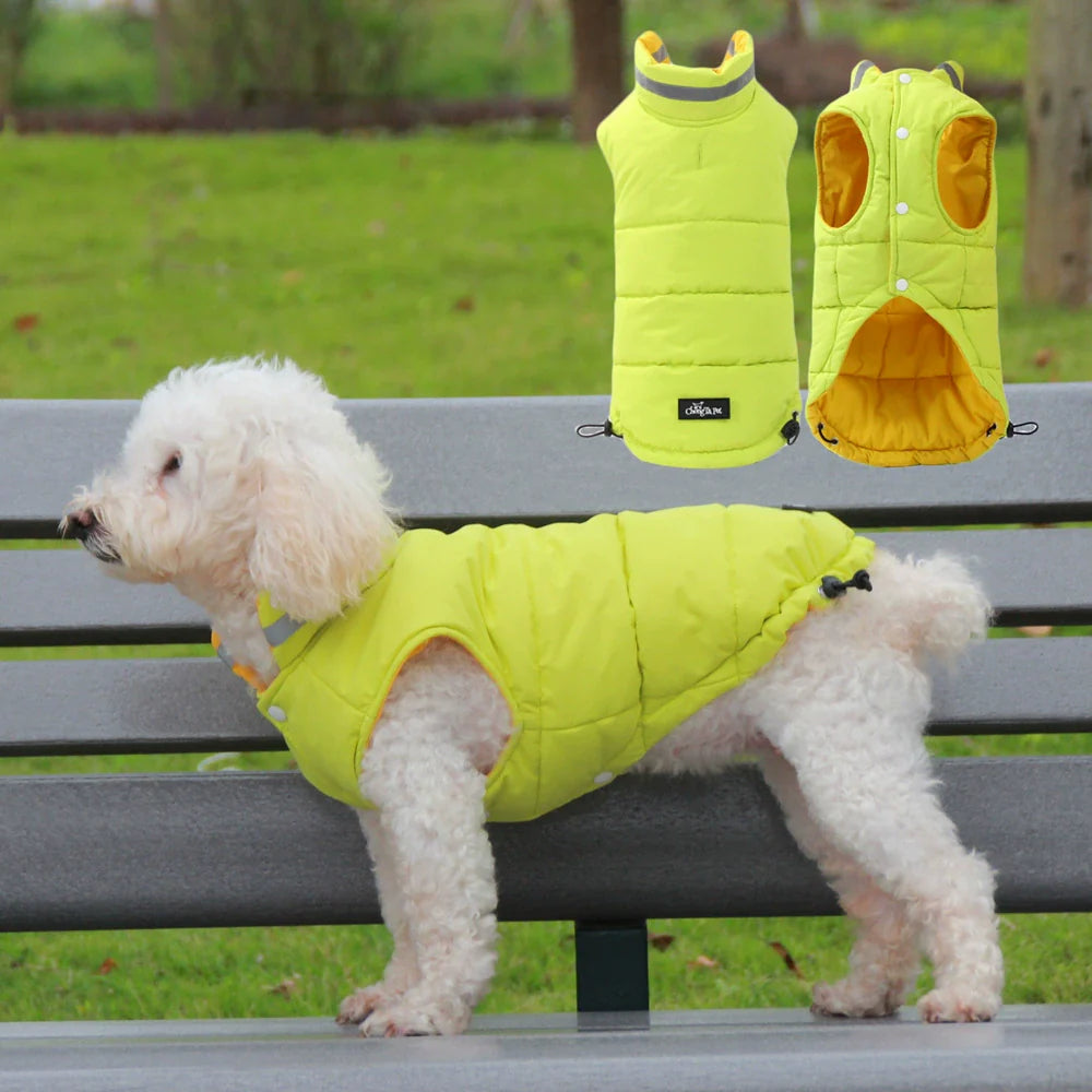 Lime green reflective dog puffer vest and yellow spare, padded sleeveless winter jacket