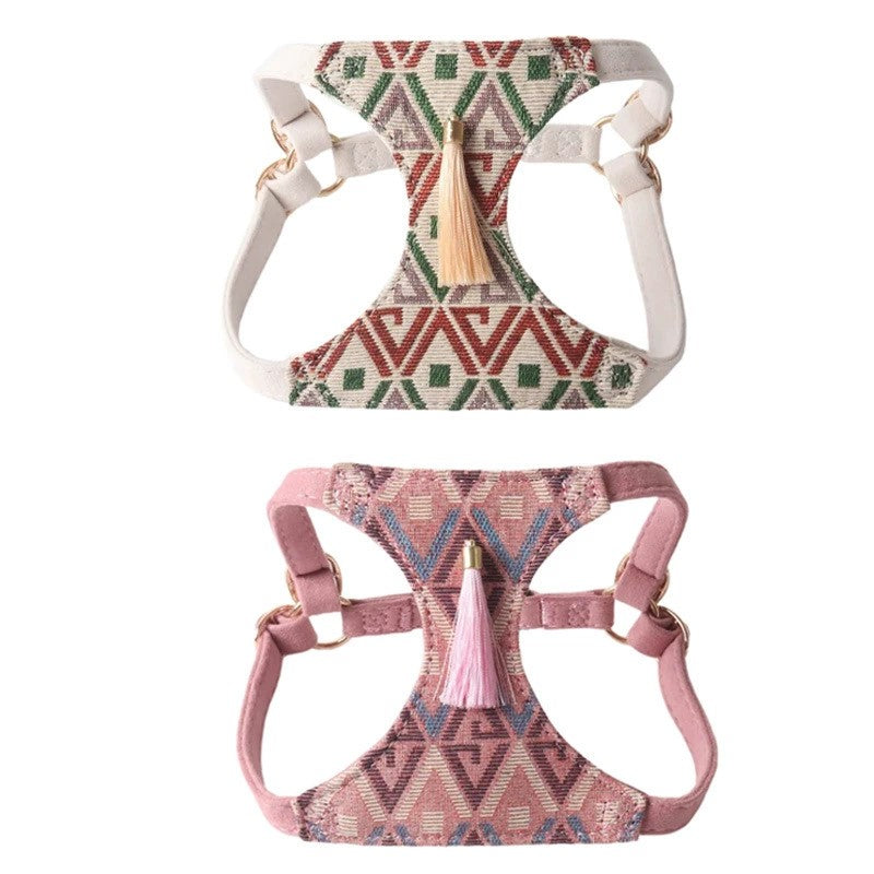 Adjustable boho tassel dog harness with tribal pattern, beige and multicolor set