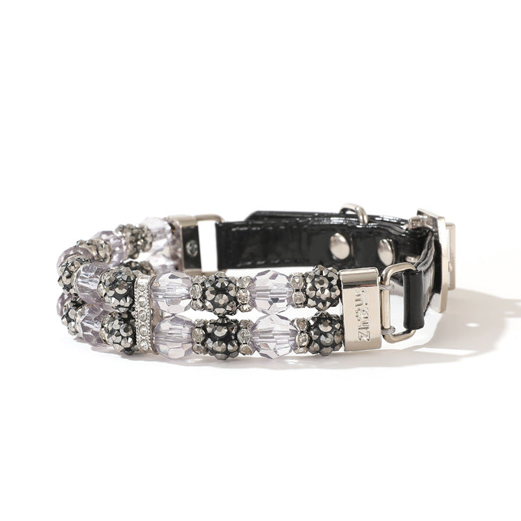 Black crystal beaded pet collar with silver hardware and rhinestone rows, secure buckle