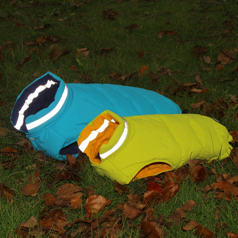 Blue and yellow reflective dog puffer vest, padded sleeveless winter jacket