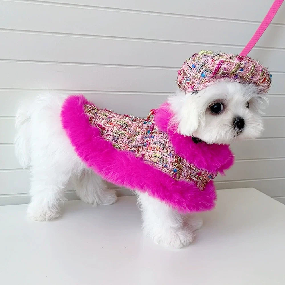 Hot Pink Tweed Dog Cape, Hat & Leash Set — Faux Fur Trim, XS–XXL