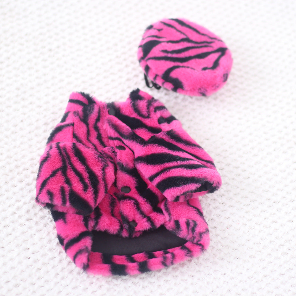 Hot pink zebra plush pet outfit with matching hat, faux fur
