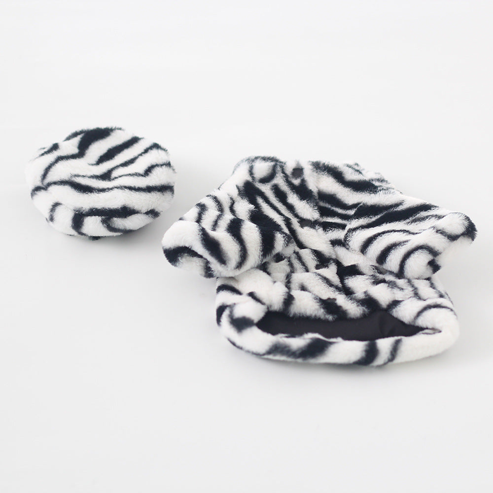 Zebra-print faux fur pet coat with matching hat, black-and-white