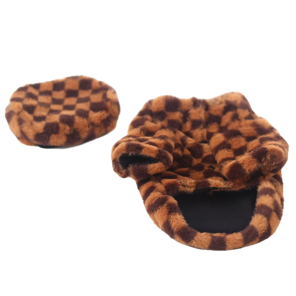 Pet Faux Fur Coat Checkered Plush Outfit with Hat