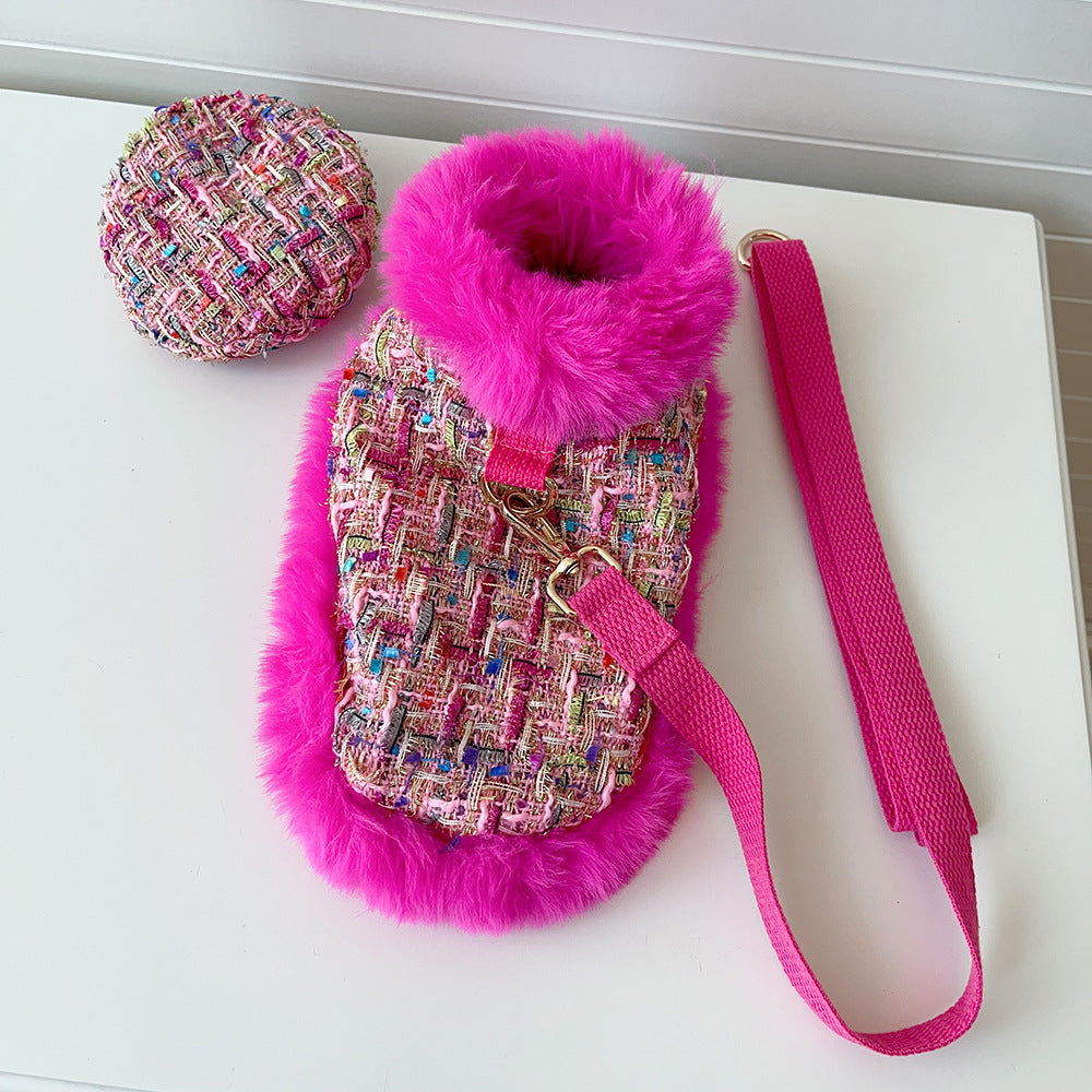 Hot Pink Tweed Dog Cape, Hat & Leash Set — Faux Fur Trim, XS–XXL