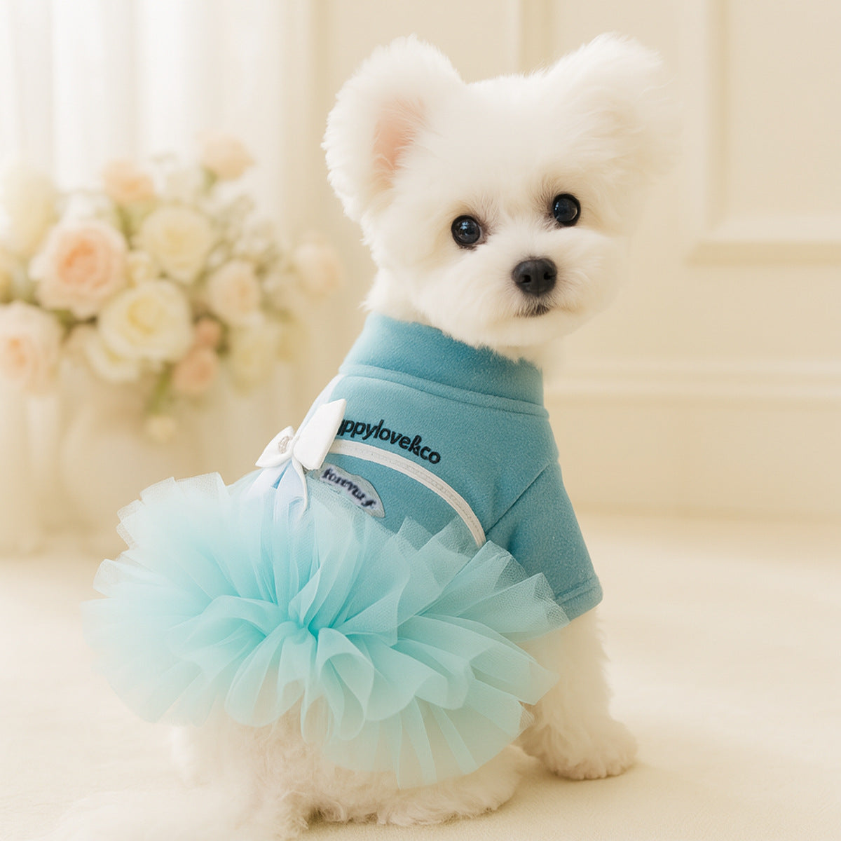 Small white dog wearing teal tutu dress with mint tulle skirt and white bow