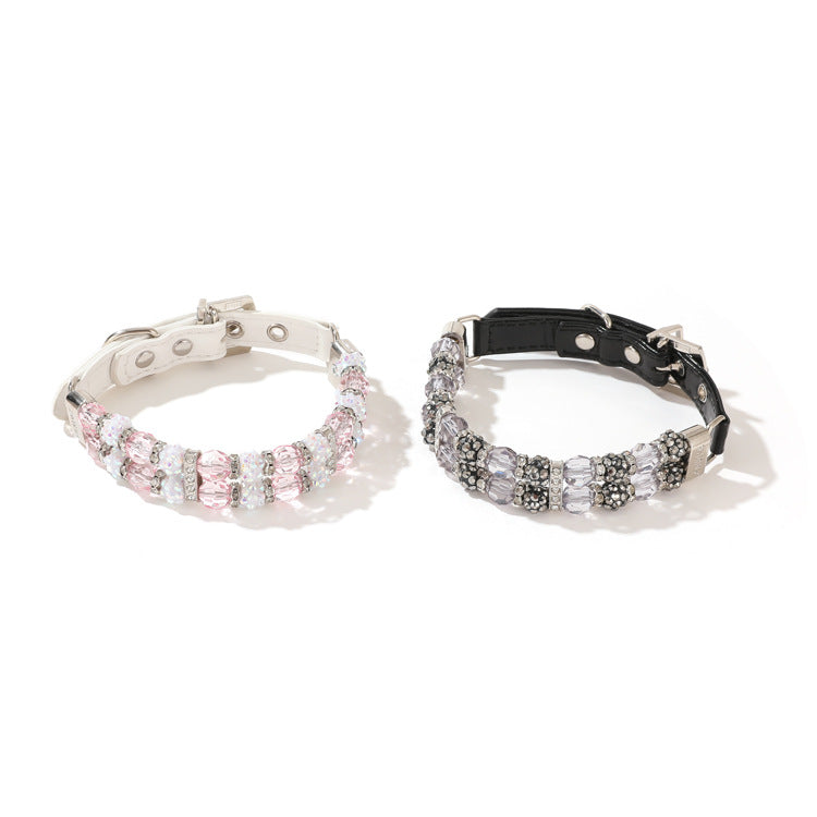 Pair of crystal beaded pet collars: pink and black with metal D-ring and buckle