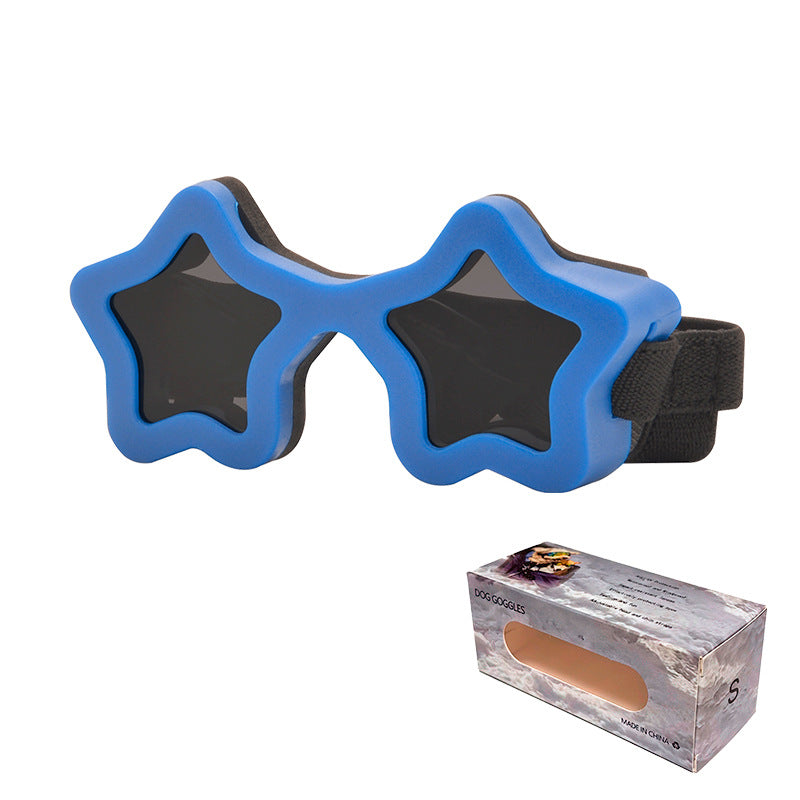 Blue star-shaped pet sunglasses with black strap and tinted star lenses