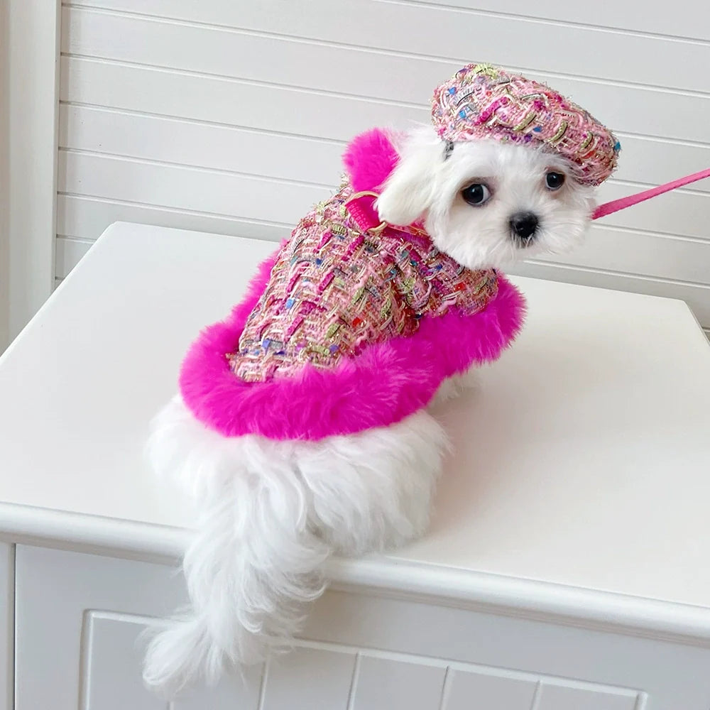 Hot Pink Tweed Dog Cape, Hat & Leash Set — Faux Fur Trim, XS–XXL