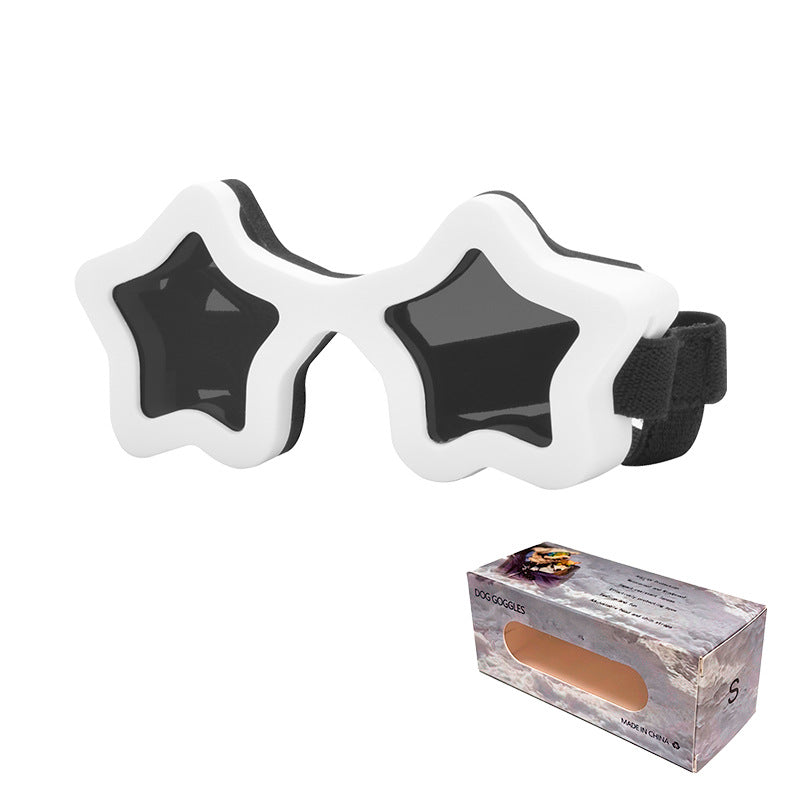 White star-shaped pet sunglasses with black strap and tinted star lenses