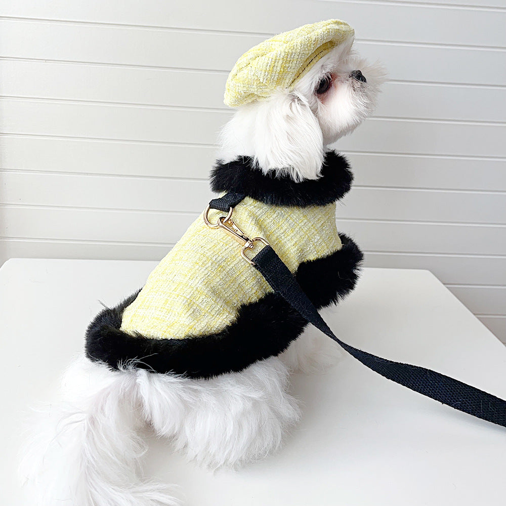 Yellow Tweed Dog Cape & Leash Set — Faux Fur Trim, Gold Hardware, XS–XXL