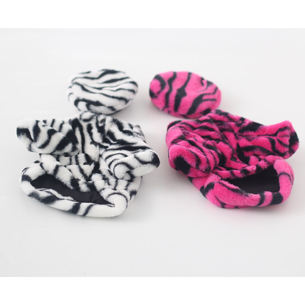 Zebra faux fur accessories set: plush booties and matching hat, hot pink