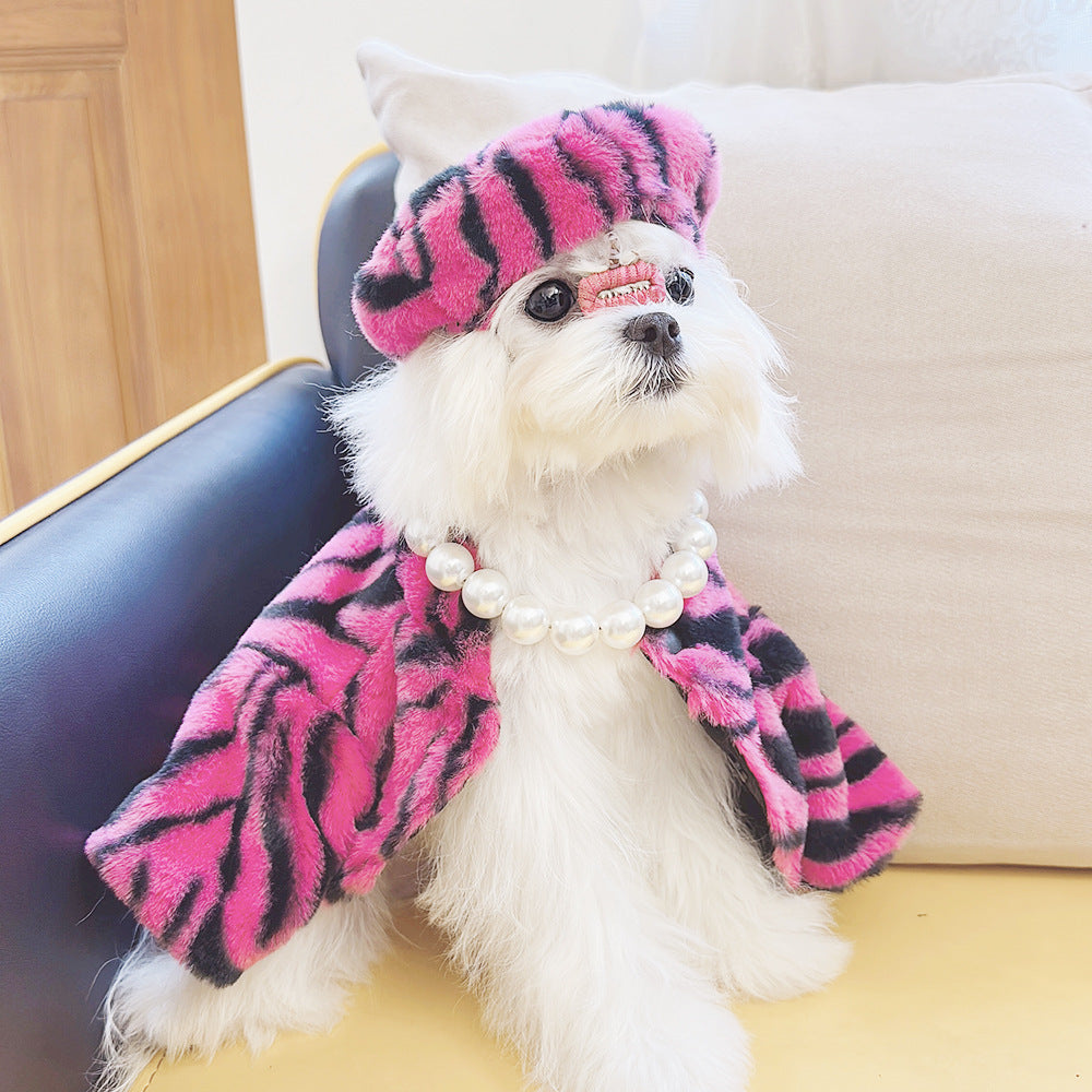 Hot pink zebra faux fur coat and hat on small dog, with white faux pearl collar