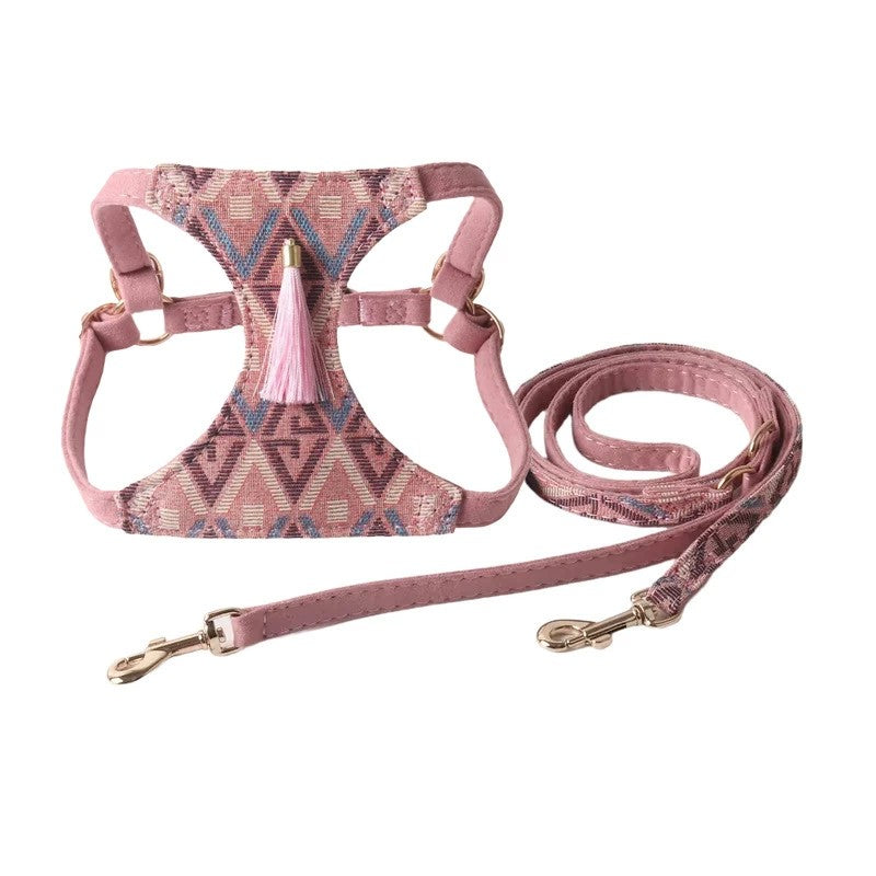 Pink tribal patterned dog harness with tassel, adjustable straps and matching leash set