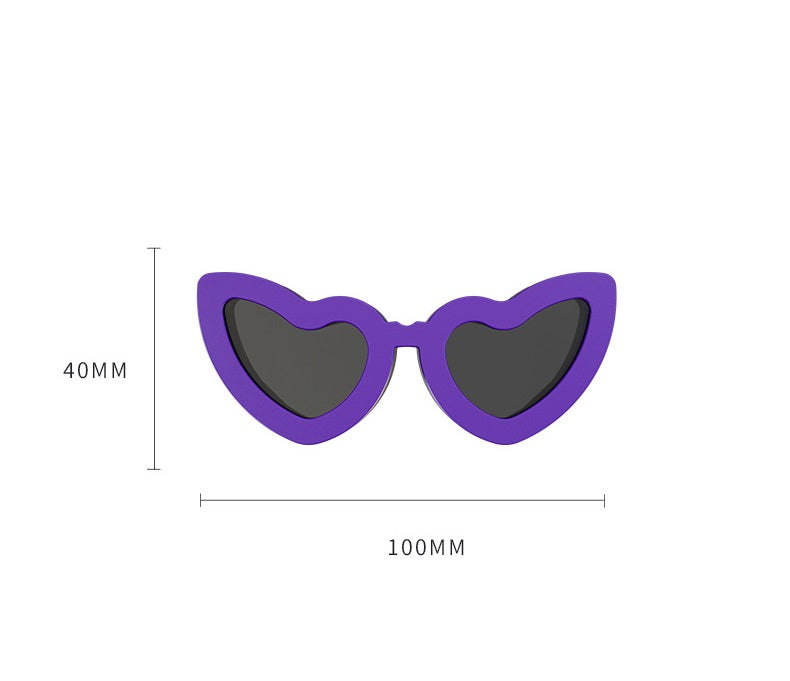 Purple heart-shaped pet sunglasses size diagram, 100mm width