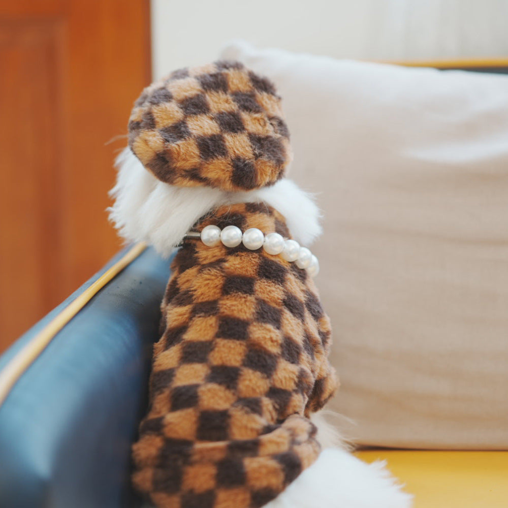 Pet Faux Fur Coat Checkered Plush Outfit with Hat