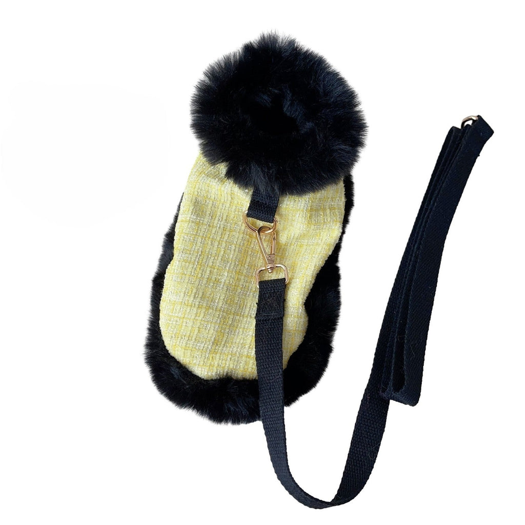 Yellow Tweed Dog Cape & Leash Set — Faux Fur Trim, Gold Hardware, XS–XXL