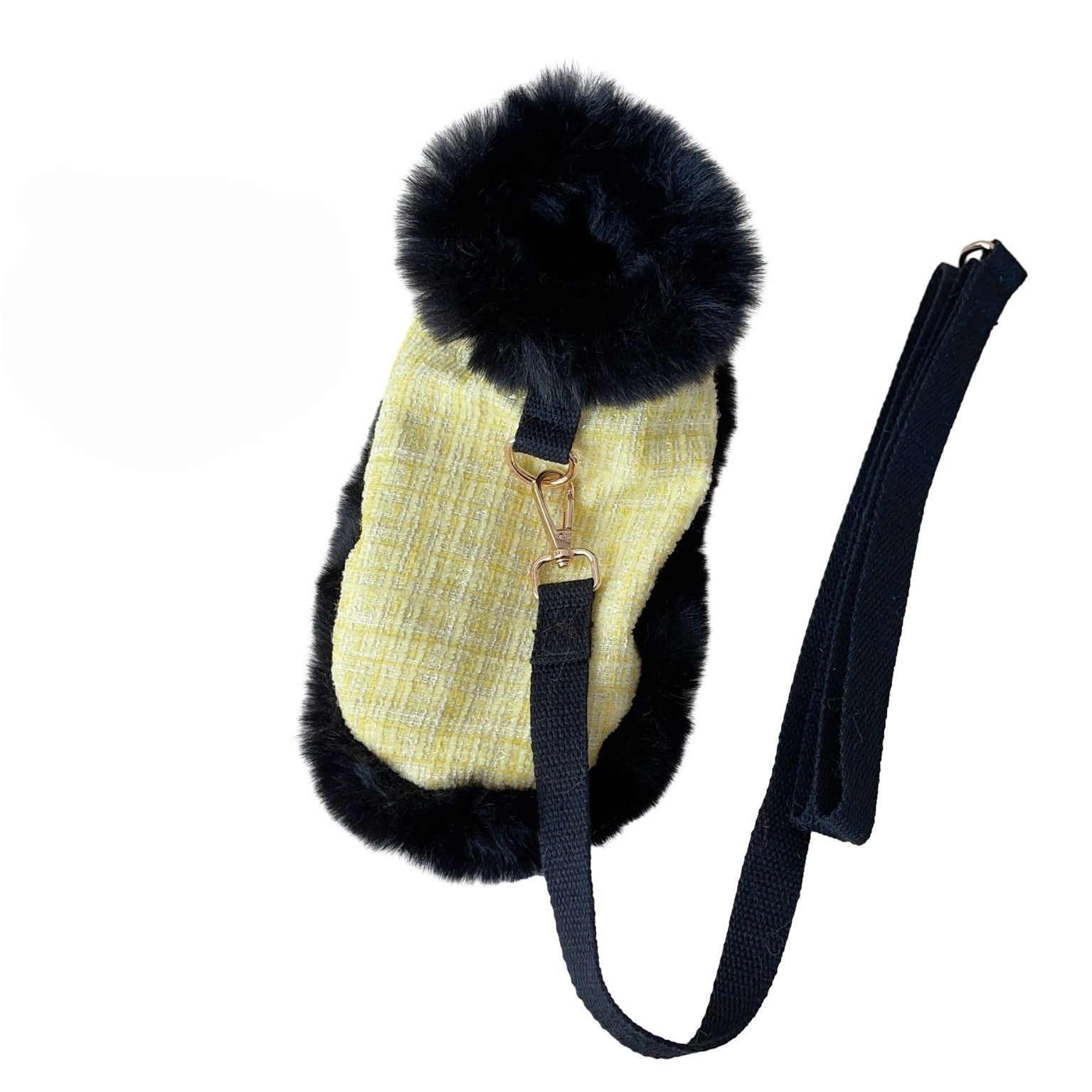Yellow Tweed Dog Cape & Leash Set — Faux Fur Trim, Gold Hardware, XS–XXL