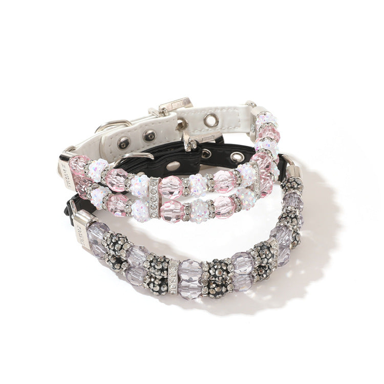 Pink and black crystal beaded pet collars with silver buckles and rhinestone rows