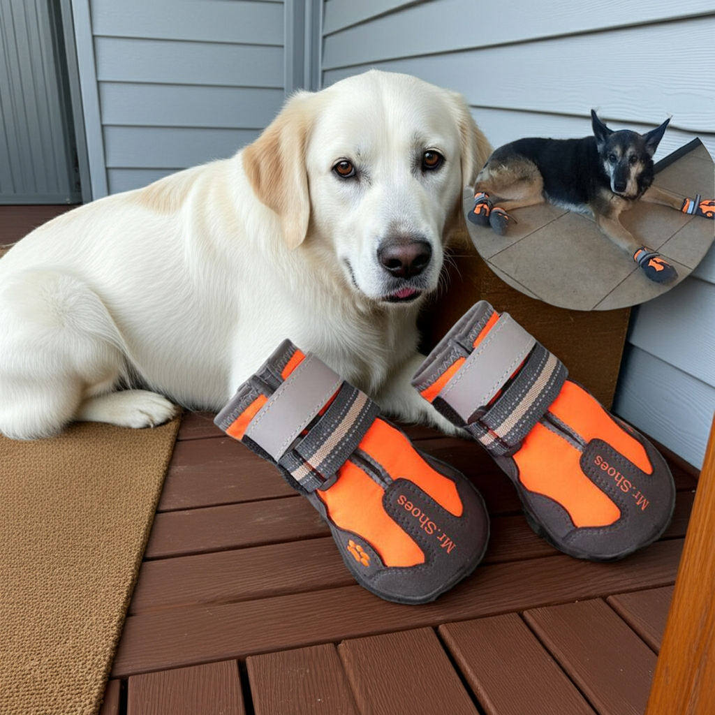 Pair of orange sport dog boots with gray reflective straps and rugged anti-slip soles