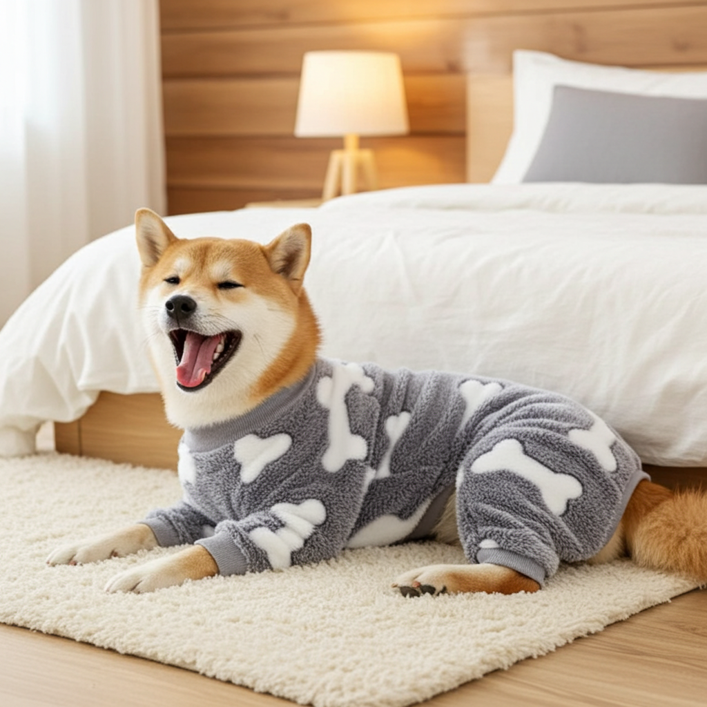 Gray fleece dog jumpsuit pajamas with white paw-print pattern