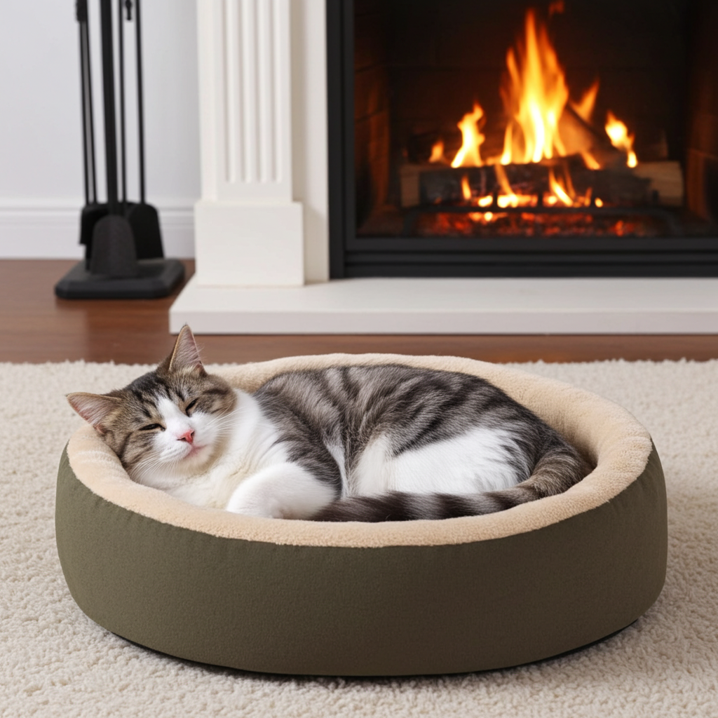 Heated cat bed, brown oval with beige rim; tabby-and-white cat sleeping