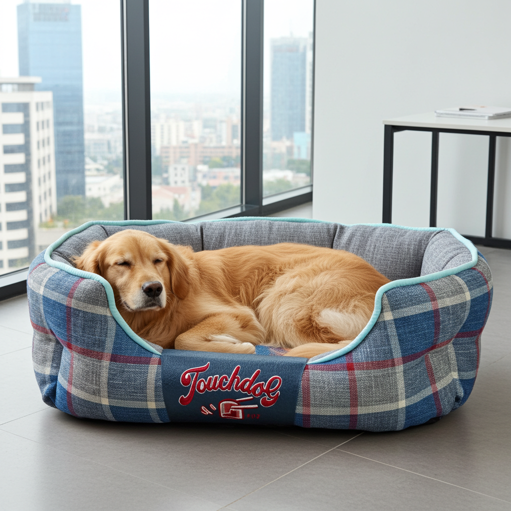 Oval designer plaid dog bed with blue padded rim and red accents, Touchdog logo