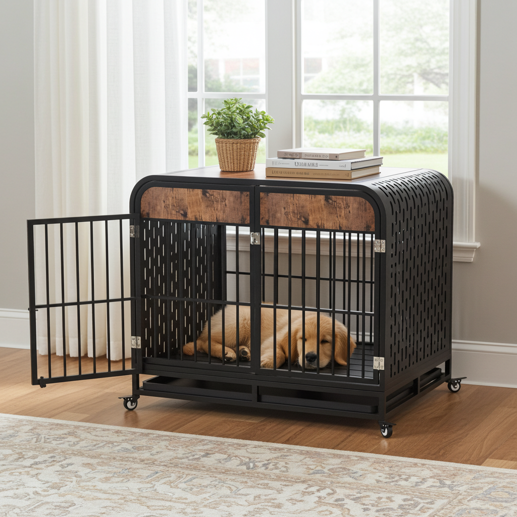 Brown tabletop dog crate furniture, black metal bars, wheeled base
