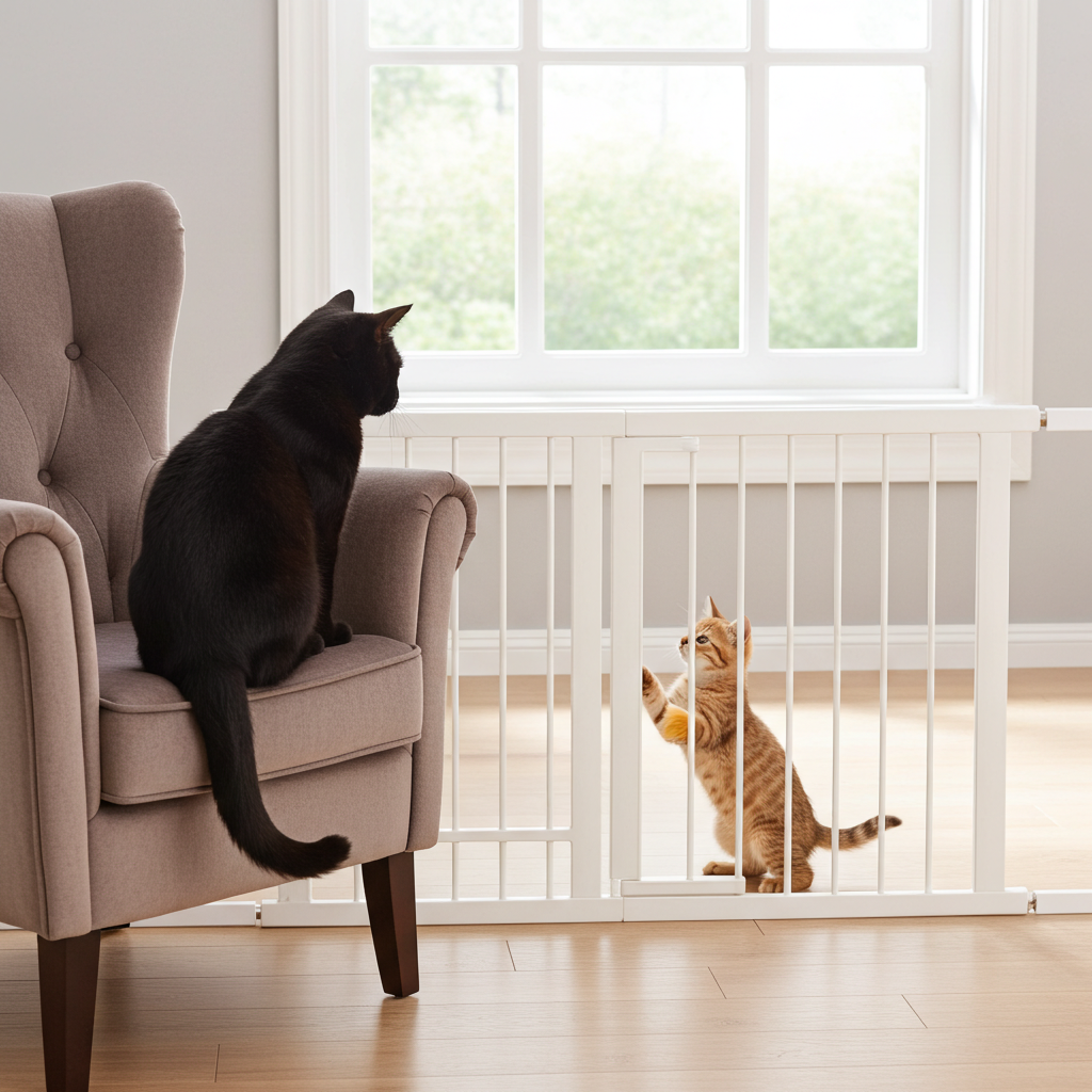 Freestanding white wood pet gate with vertical bars, 3-panel foldable design.