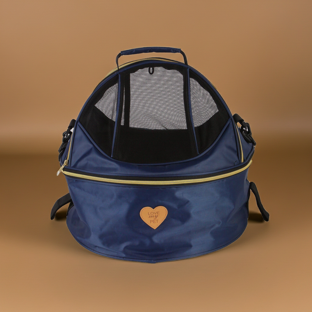 Navy panoramic circular pet dog carrier with front mesh window and dual zippers
