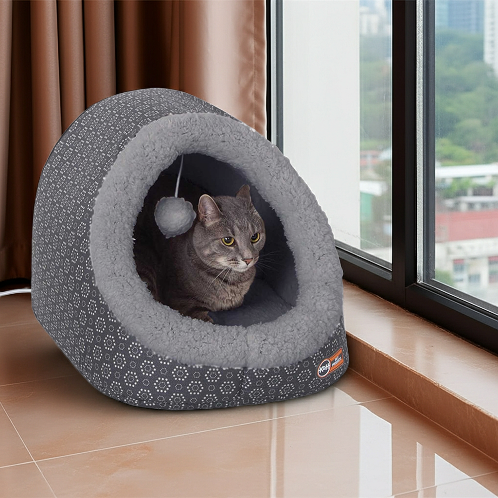 Grey plush cat cave bed with tunnel opening, cozy hooded nest for cats