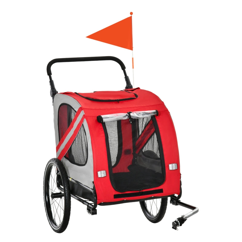 Red 2-in-1 pet bike trailer stroller with clear front window and safety flag