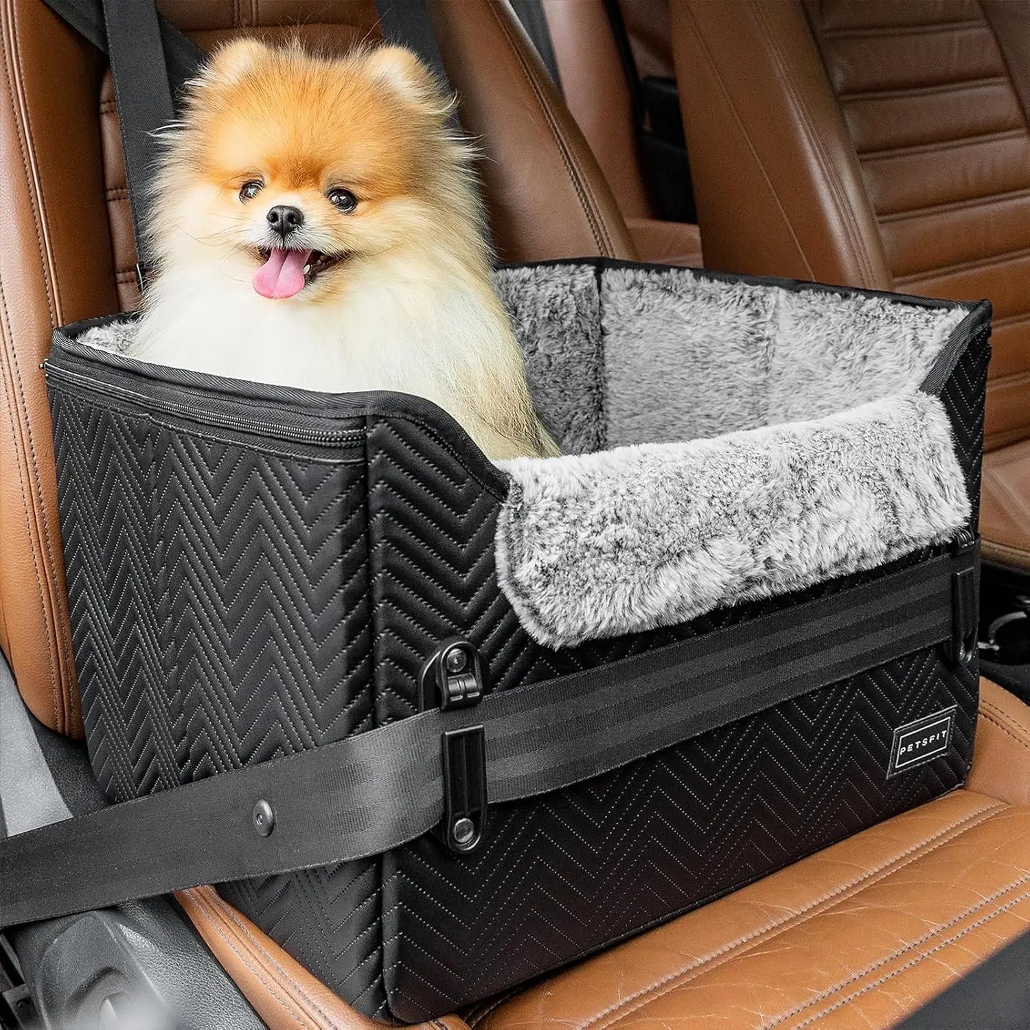 Black and grey pet booster car seat with plush insert, side buckles, and security strap