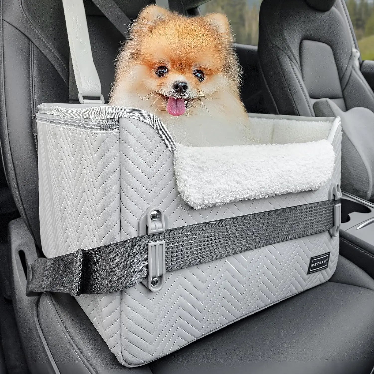 Grey foldable pet booster car seat with safety buckles, tether strap, plush lining