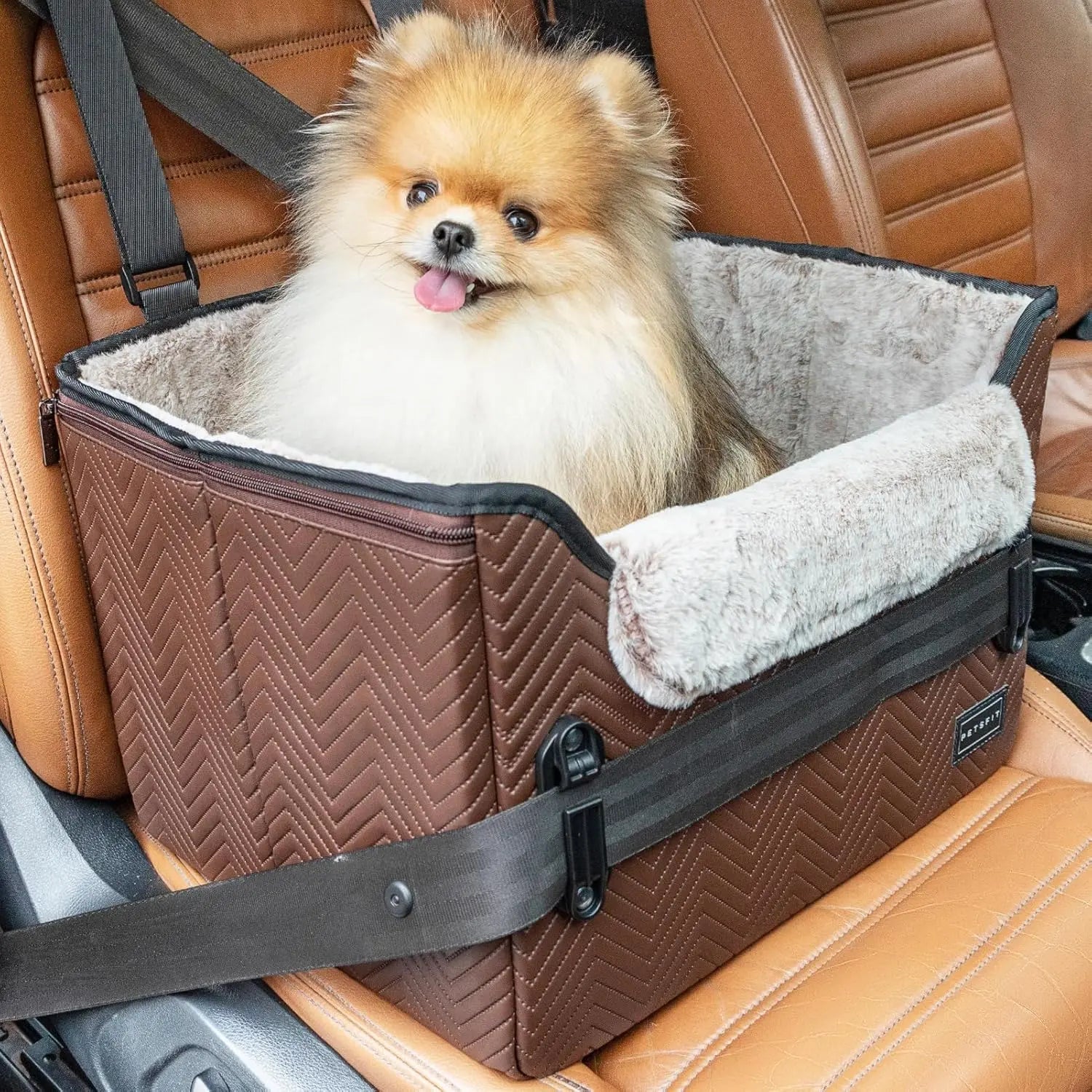 Brown foldable pet booster car seat with safety buckles and tether strap, plush pad