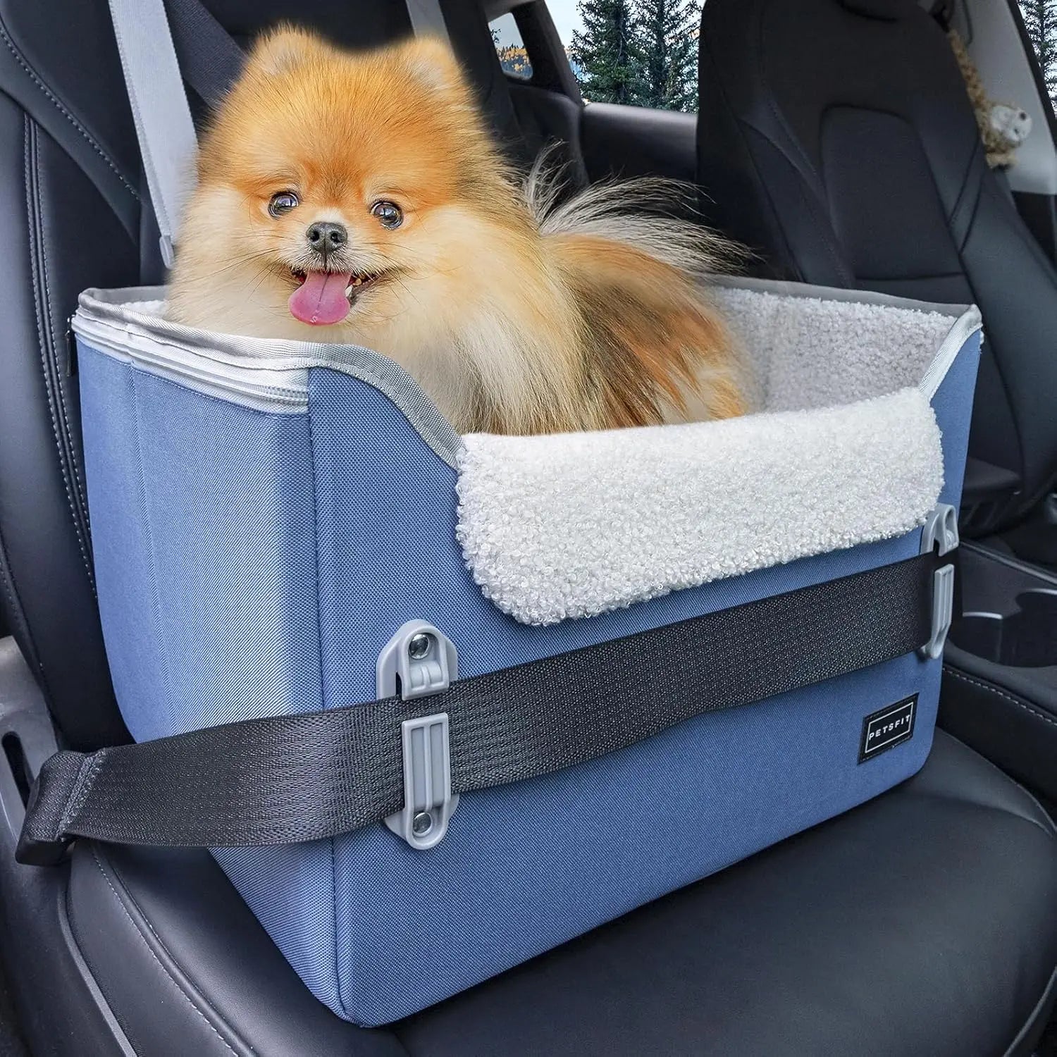 Blue foldable pet booster car seat with safety buckles and tether strap, plush lining
