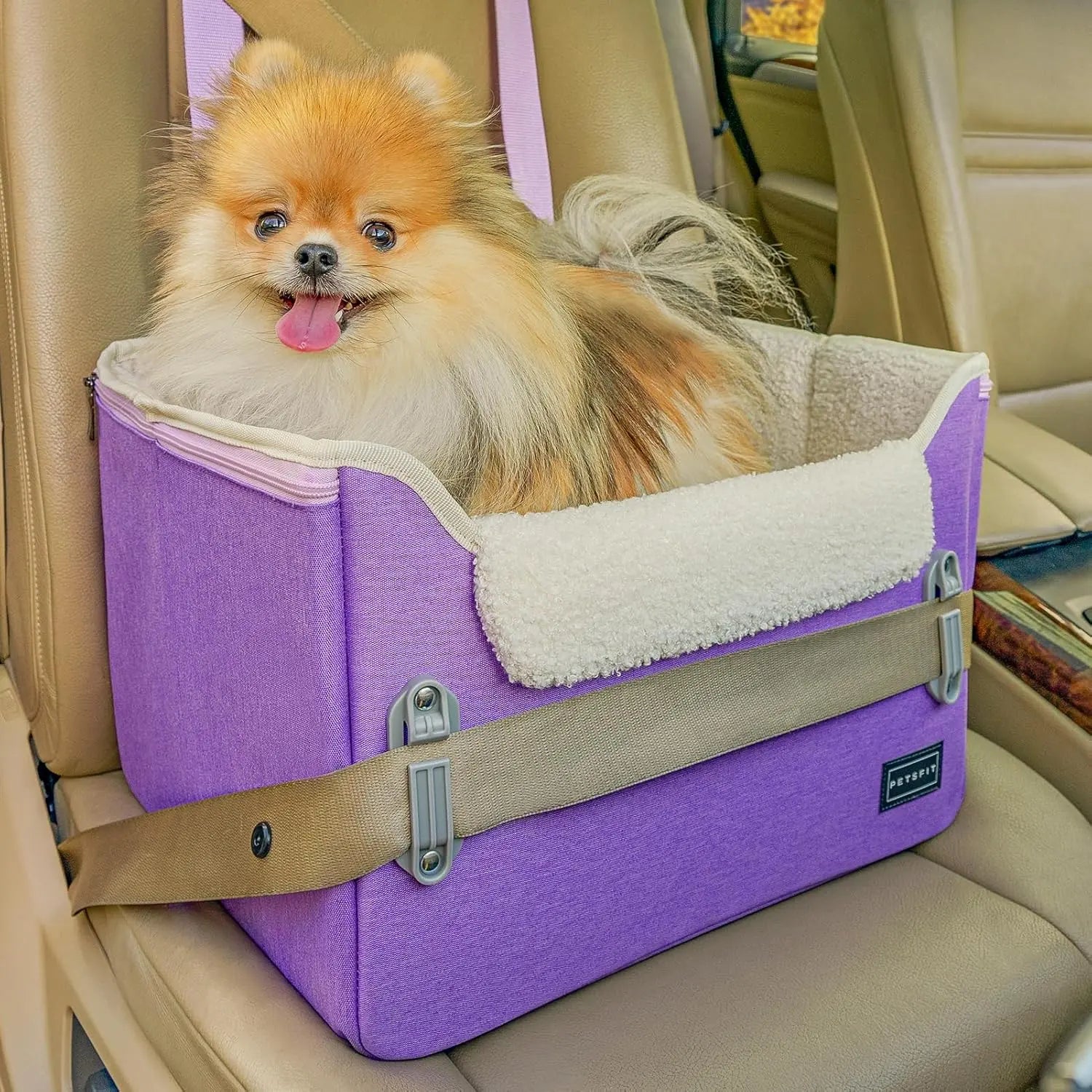 Purple foldable pet booster car seat with safety buckles and tether strap, plush pad