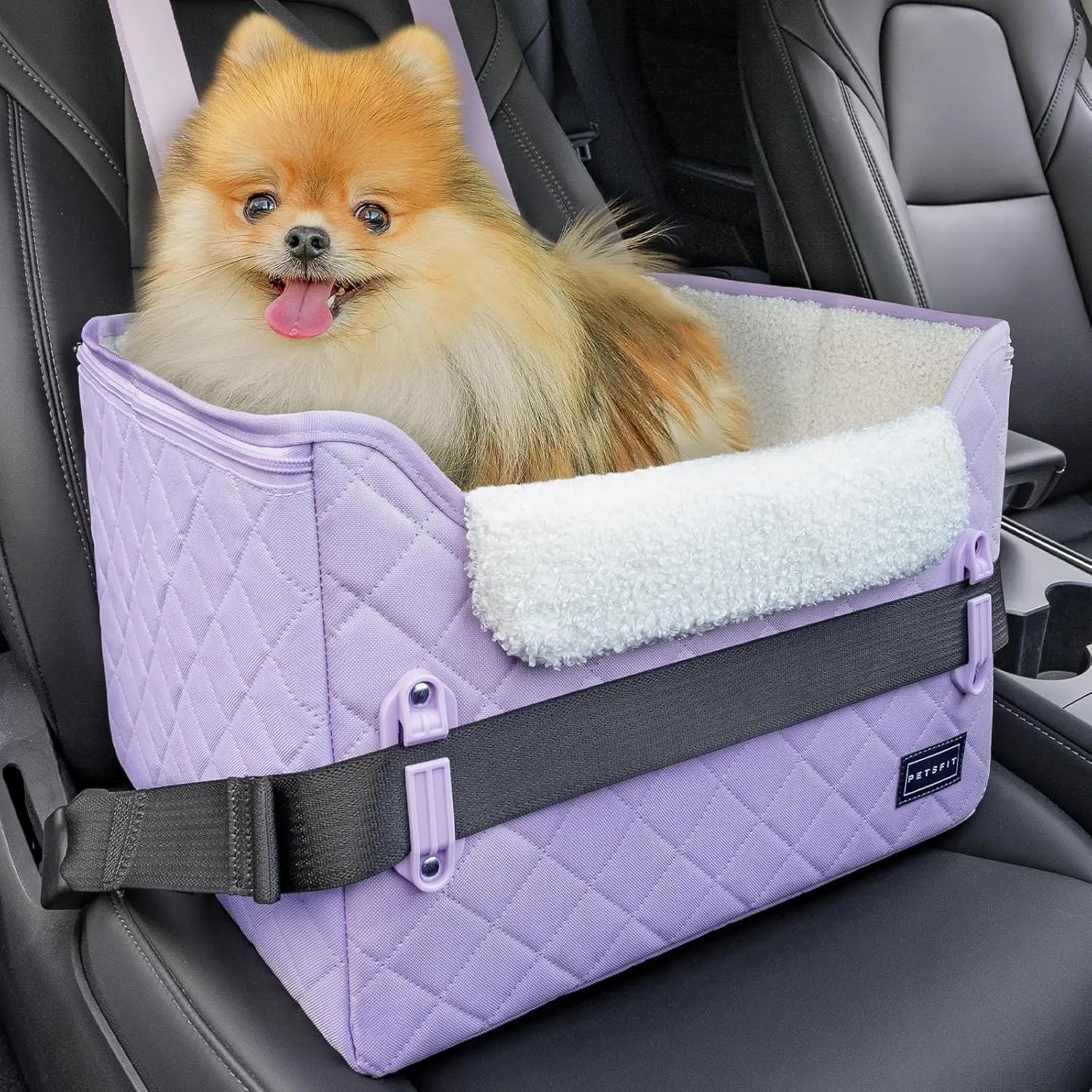Lavender foldable pet booster car seat with safety buckles and tether strap, plush lining