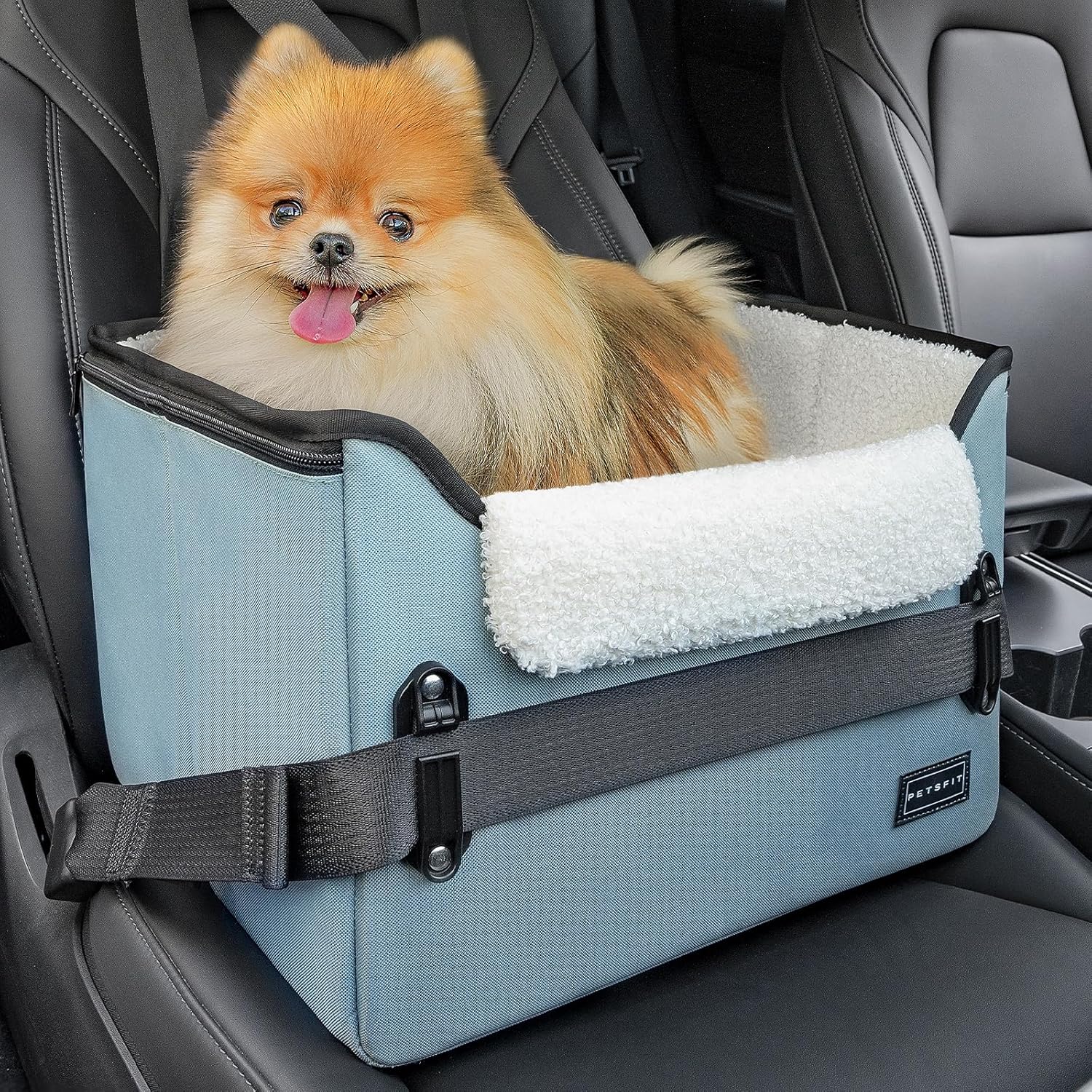 Dark blue foldable pet booster car seat with safety buckles and tether strap, plush lining