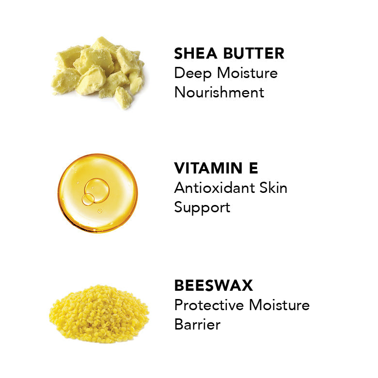 Pride+Groom THE BALM ingredient icons: shea butter, vitamin E, beeswax