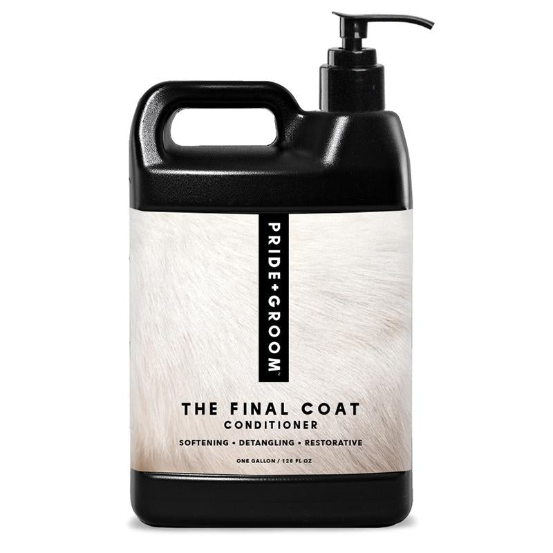 PRIDE+GROOM The Final Coat conditioner bottle with pump, dark container and white label