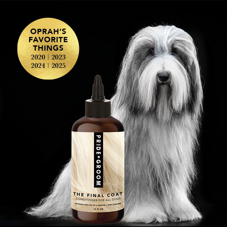 PRIDE+GROOM The Final Coat conditioner bottle with black pump, dark amber