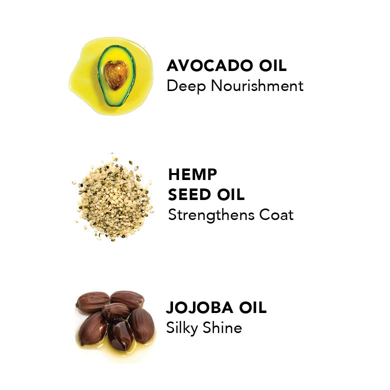 Avocado oil, hemp seed oil, and jojoba oil icons for The Final Coat conditioning