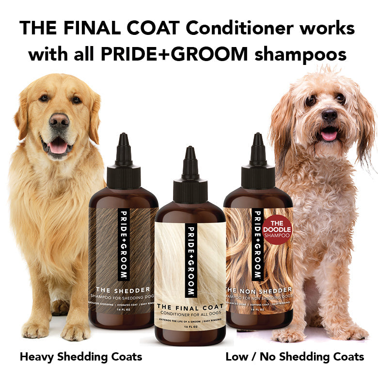 Three PRIDE+GROOM conditioner bottles, including The Final Coat with black pumps