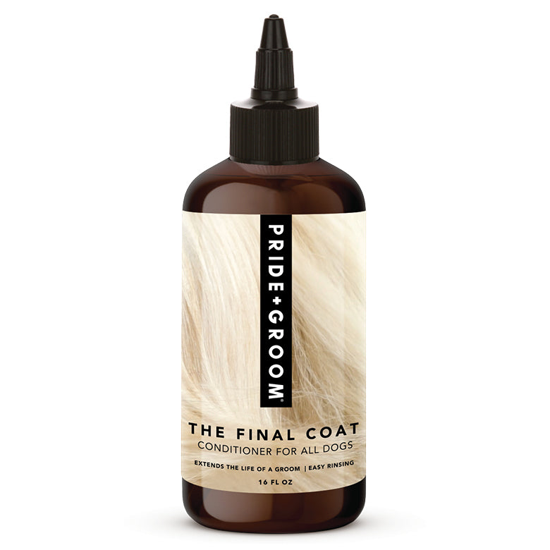 PRIDE+GROOM The Final Coat conditioner bottle with black pump, dark amber