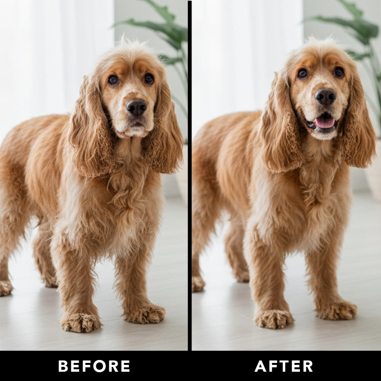 Dog before-and-after grooming comparison with long golden-brown fluffy coat.