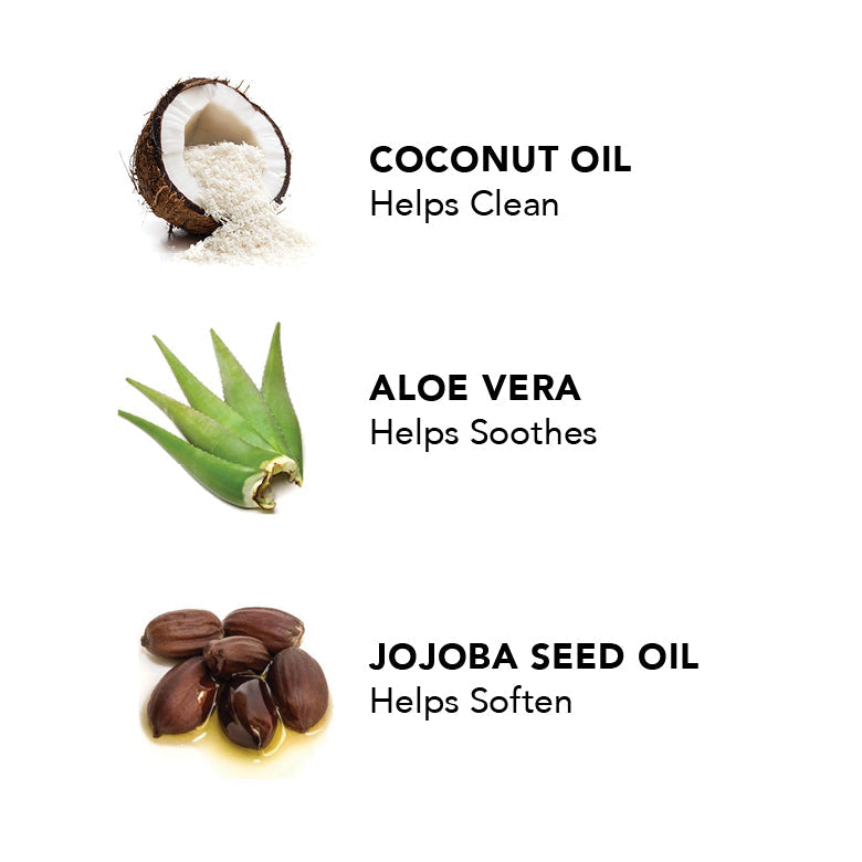 Shampoo ingredient icons with coconut oil, aloe vera, and jojoba seed oil.